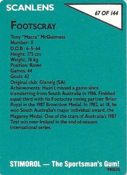 1988 Scanlens VFL #67 Tony McGuinness Back